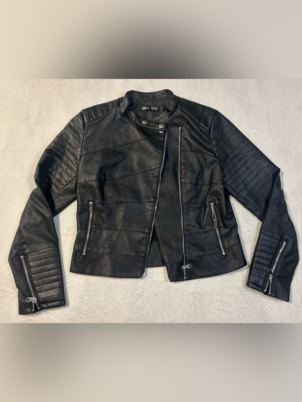 SHEIN Black Quilted Faux Leather Moto Jacket
